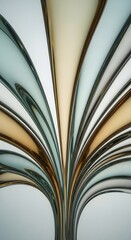 Abstract image of curving, layered glass or plastic sheets in shades of blue, gold, and white, creating a fan-like or floral pattern.