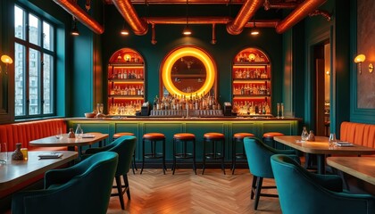 Luxurious bar interior features dark teal walls, copper pipes, orange benches. Bar counter many liquor bottles, glowing shelves. Teal armchairs, wooden tables offer comfy seating for guests. Modern