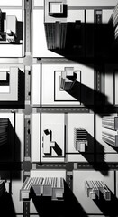 Aerial view of a minimalist city model with geometric buildings, streets, and long shadows creating a stark, architectural landscape.