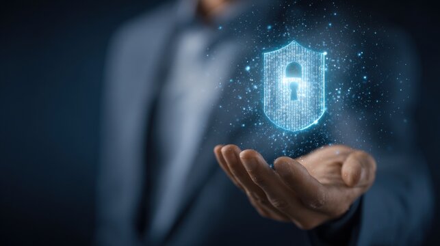 Digital security shield protects data and information - Powered by Adobe