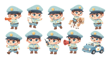 Cute Police Kid Full-Body Cartoon Character Pack