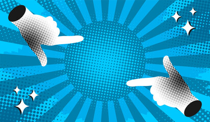 Pop art comic background decorated with hands showing frame gesture. Retro style background with color halftone, dots and rays. Vector illustration