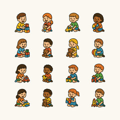 Happy kids playing with different toys