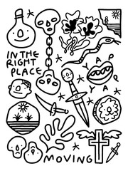 Quirky doodle collage: skulls, knives, flowers, and weird faces