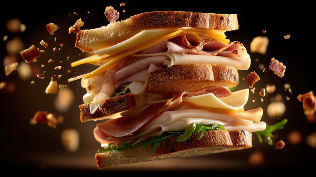 Delicious gourmet sandwich with fresh bread, layered cheese, ham, turkey, and vibrant vegetables, perfect for lunch or quick meal in modern culinary presentation