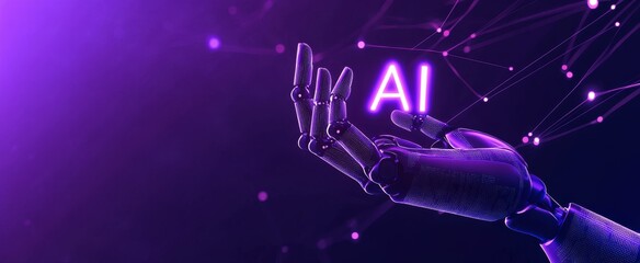Futuristic AI robot hand holding glowing letters against purple background