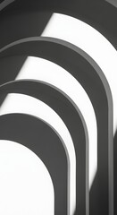 Abstract architectural detail featuring a series of curved, white arches casting shadows in a repeating pattern against a bright background.