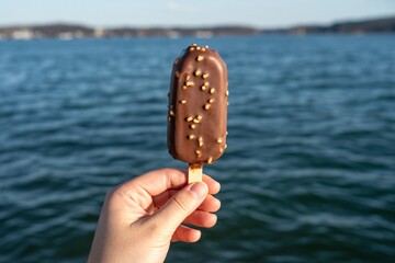 Hand Holding Chocolate Ice Cream Bar with Nuts by the Water on a Sunny Day