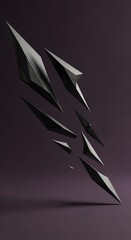 Abstract composition of sharp, angular, dark gray geometric shapes floating in a vertical arrangement against a dark purple background.