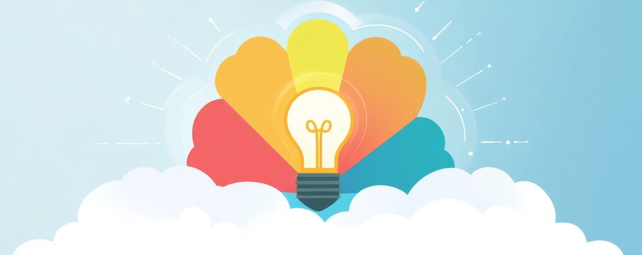 Creative light bulb illustration with colorful cloud background representing innovative ideas