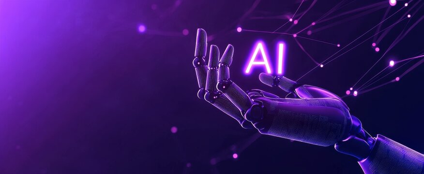 Futuristic AI robot hand holding glowing letters against purple background