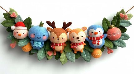 Felt garland featuring cheerful characters in winter attire with holiday decorations. Bright colors and festive design create a joyful atmosphere