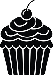 Cupcake with Cherry Silhouette – Isolated on Transparent Background Black Dessert Icon Vector Illustration