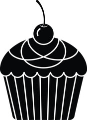 Cupcake with Cherry Silhouette – Isolated on Transparent Background Black Dessert Vector Illustration