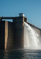 Obraz premium Massive concrete flood control structure holding back a huge reservoir of clean water, showing heavy spray and visible surface saturation from recent overflow, wet surface, power, engineering