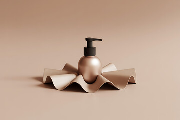 Elegant metallic lotion bottle with pump dispenser on a soft fabric display