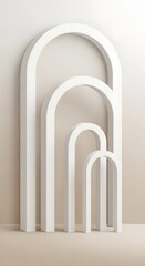 A minimalist composition featuring four white, nested arches of varying sizes, arranged against a neutral beige background, creating a sense of depth and geometric harmony.