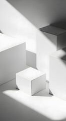 Abstract composition of white geometric cubes arranged in a minimalist setting, illuminated by strong light creating sharp shadows.
