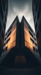 Low angle view of a modern concrete building with sharp angles and symmetrical design, framed by adjacent structures under a cloudy sky.