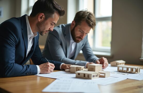 Two architects work on blueprints with house models. Engineers collaborate at the office table, reviewing construction plan details. Colleagues cooperate on engineering design project indoor. - Powered by Adobe