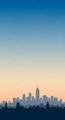 Silhouette of a city skyline against a blue and orange gradient sky, featuring various skyscrapers and buildings.