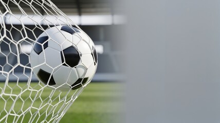 Soccer ball hitting the back of the net. Scoring a goal in a stadium match. Football sport background with copy space