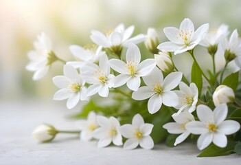 Fototapeta premium Fresh White Flowers with Soft Green Leaves in Natural Light