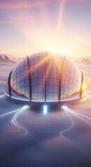 Futuristic domed structure with glass panels sits above a sea of clouds, illuminated by a vibrant sunrise.