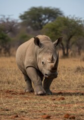 Fototapeta premium Powerful endangered rhinoceros taking an aggressive stance, preparing to run and defend its territory in the wild savanna habitat ,horn, powerful legs, defending