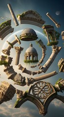Floating architectural fragments, including columns, arches, and domes, are arranged in a spiral against a cloudy sky and a glowing orb background.