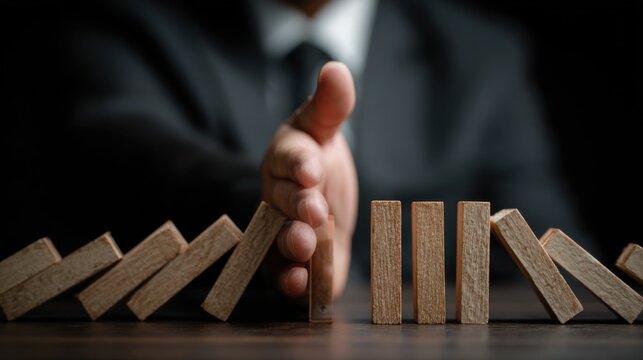 Hand stopping dominoes to prevent a chain reaction