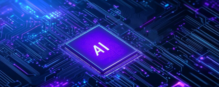Close-up of AI microchip on glowing circuit board background