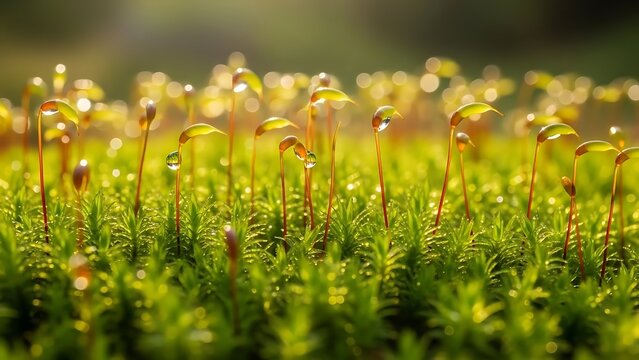 Close up of moss with water droplets illuminated by sunlight creating a bokeh effect background
