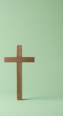 Rustic wooden religious cross centered against a smooth, calming pastel green surface, symbolizing faith, hope, and renewal ,rustic, belief, pale