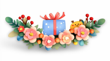 Bright paper flowers surround a gift box with a bow, featuring a cute bird. Cheerful setting perfect for birthdays, celebrations, and creative crafts