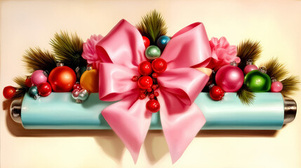 Bright blue gift wrap features a large pink bow and colorful ornaments, set against a soft background. Concept of holiday celebrations, gift giving, festive decor