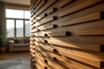 Modern interior design with a textured wooden wall and natural light from a large window