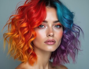 Fototapeta premium Attractive woman portrait with colored short wavy hair. Fashionable girl with creative make up and modern hairstyle poses in studio. Beauty model with unusual dyed hair looks trendy.