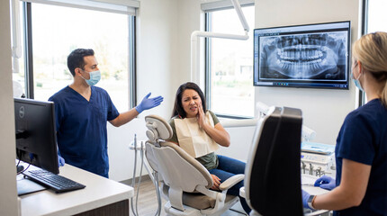 A wide shot of a patient experiencing toothache while the dentist explains the procedure using digital X-rays, which can be seen in the clinic.