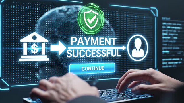 Hands typing on a keyboard with a digital interface showing payment successful and secure transaction icons