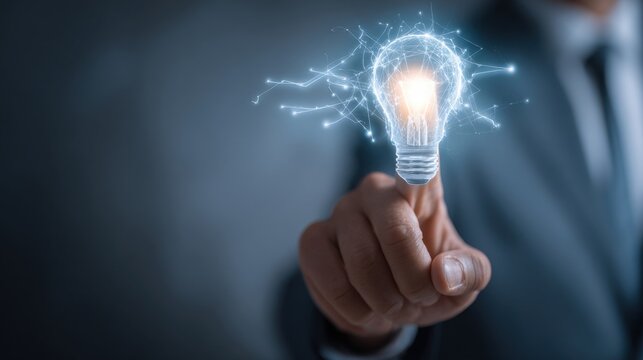 Hand touching digital lightbulb network innovation - Powered by Adobe