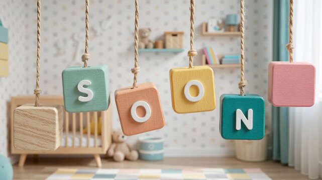 colorful wooden blocks hanging on strings in a child&rsquo;s room show the word coming, then rotate to reveal the word soon as part of a playful announcement