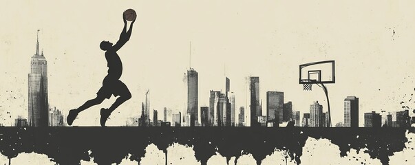 Silhouette of a basketball player dunking against an urban cityscape background