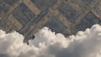An abstract depiction of rectangular shapes against cloudy backdrop, possibly a aerial view