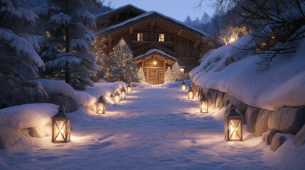 Pathway lined with lanterns leading to an alpine chalet entrance during soft evening snowfall, cozy welcoming atmosphere