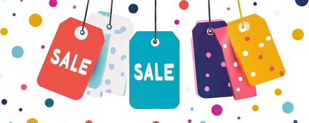 Colorful sale tags and polka dots illustration for shopping and discount events