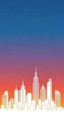 Stylized cityscape silhouette against a gradient background of blue, purple, orange, and yellow, depicting various skyscrapers.