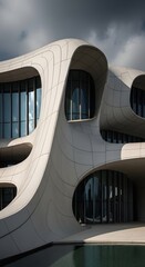 Architectural detail of a modern, undulating building with curved concrete walls and large, organically shaped windows reflecting the sky and water.