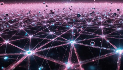 Abstract, interconnected network of luminous nodes & lines, floating spheres, glowing pink