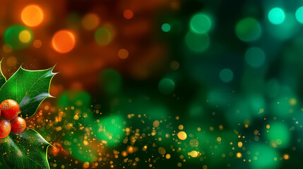 Holly leaves adorned with red berries creating a festive scene. Soft glowing bokeh background in green and orange hues adds warmth and cheer
